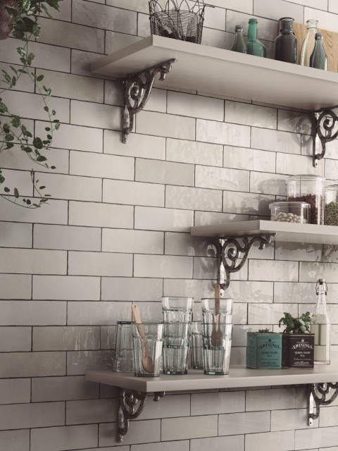 White tiles on a kitchen wall