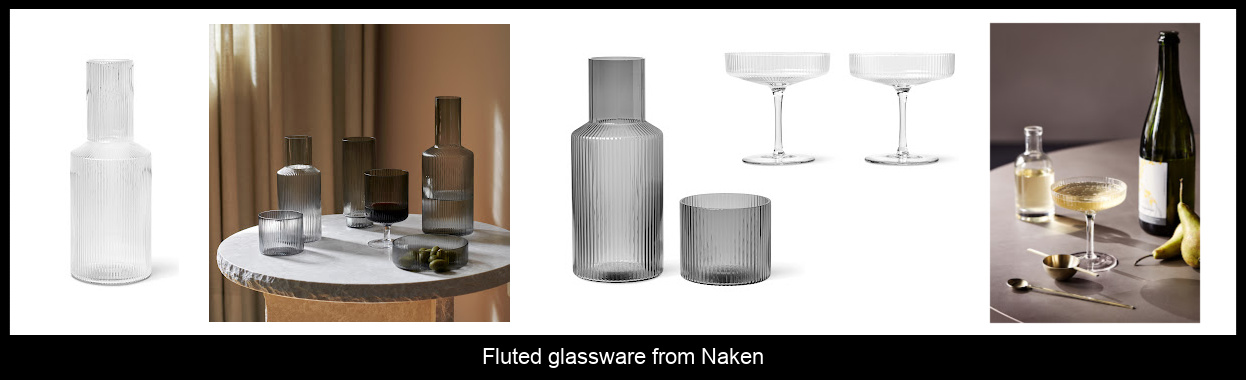 Shows a selection of fluted glassware and vases from Naken in lifestylke settings as well as images of individual products