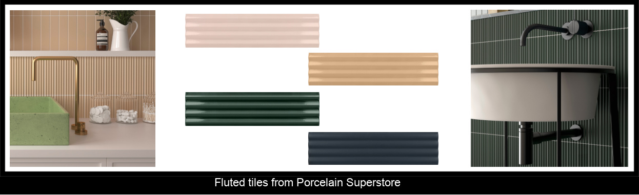 shows selection of fluted tiles from Porcelain Superstore in a kitchen and bathroom setting along with individualy tiles in four different colours