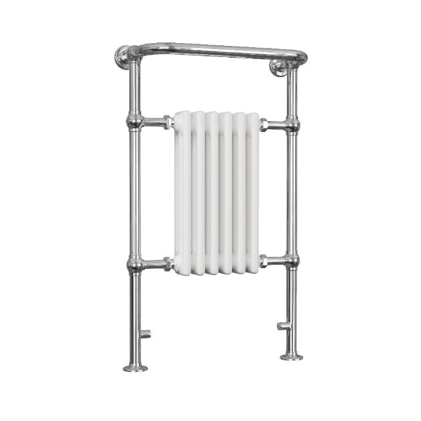 A white radiator on a metal rack Description automatically generated