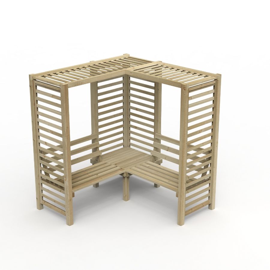 A wooden bench with a corner Description automatically generated