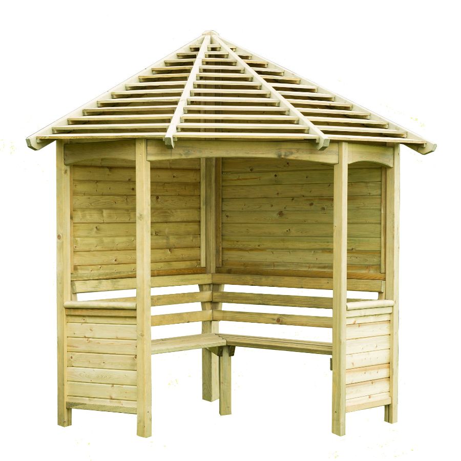 A wooden gazebo with a roof Description automatically generated