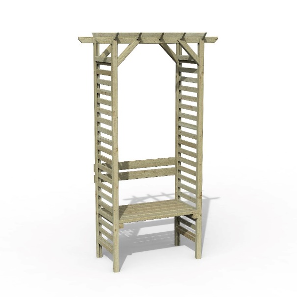 A wooden structure with a bench Description automatically generated