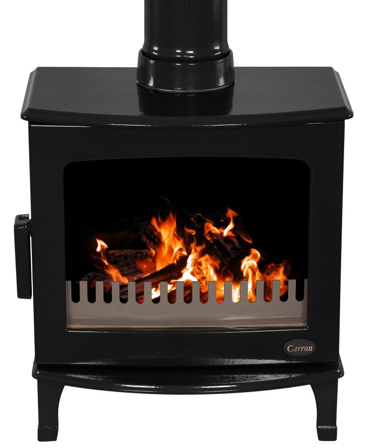 A black fireplace with a fire in it Description automatically generated