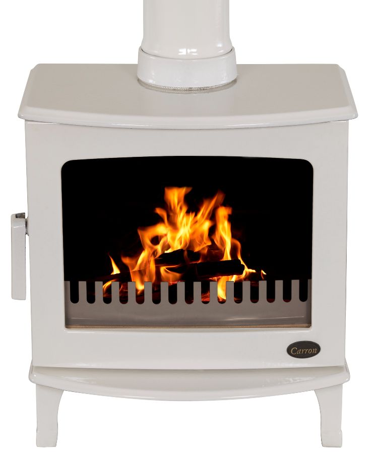A white stove with a fire in it Description automatically generated