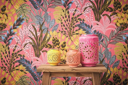 colourful tropical wallpaper in a room setting