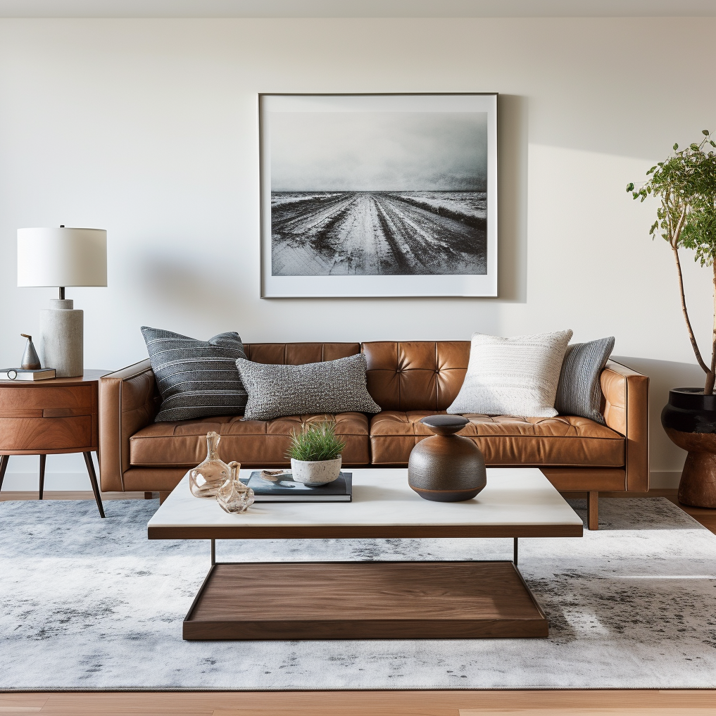 A contemporary living room setup for selling furniture online, featuring a caramel-colored leather sofa adorned with assorted throw pillows. A minimalist white coffee table with a wooden base sits in front, hosting decorative items including a large round vase, a small potted plant, and an abstract sculpture. Behind the sofa, a large framed monochrome artwork of a landscape hangs on the wall, complemented by a simple table lamp and a lush green potted plant on a wooden side table, all resting on a textured gray area rug.